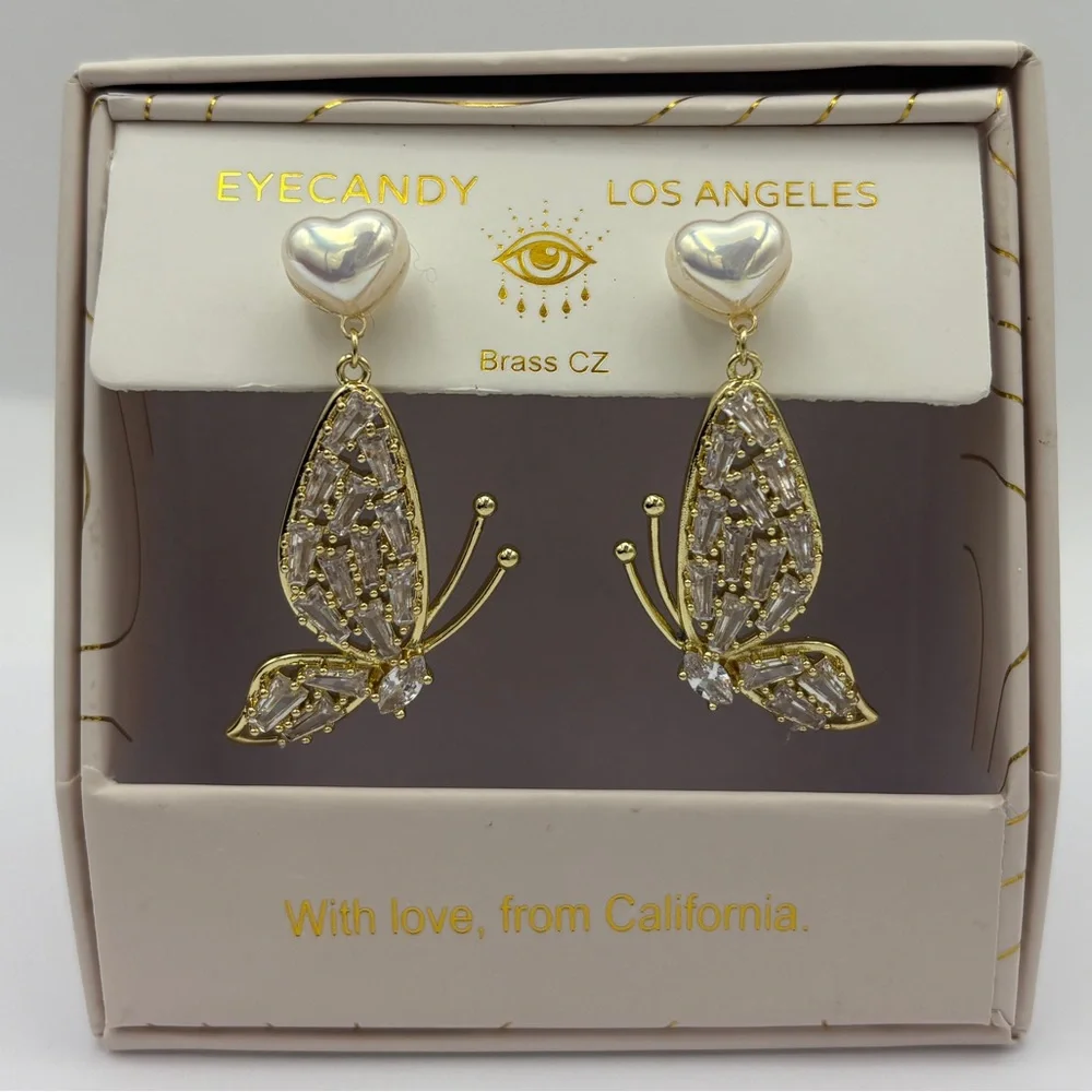 Eye Candy Gold Butterfly Earrings with CZ Stones and Pearlesque Hearts New